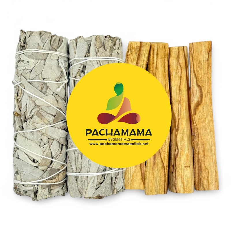 Pachamama Essentials Organic California White Sage (Salvia Apiana) & Palo Santo (Holly Wood) Smudge Bundle Kit (2 white sage bundles 4"-5" & 4 Palo Santo Sticks 4") - Image 1